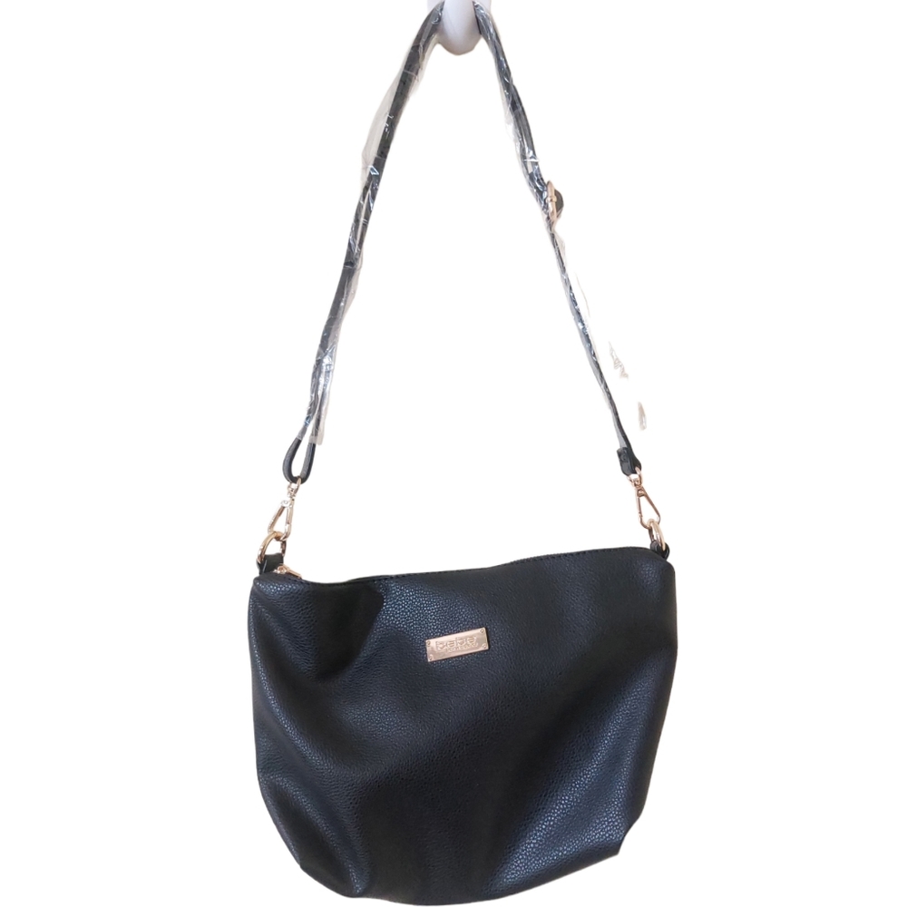 Bebe Black Soft Vegan Pebble Leather Basic Crossbody Handbag Purse